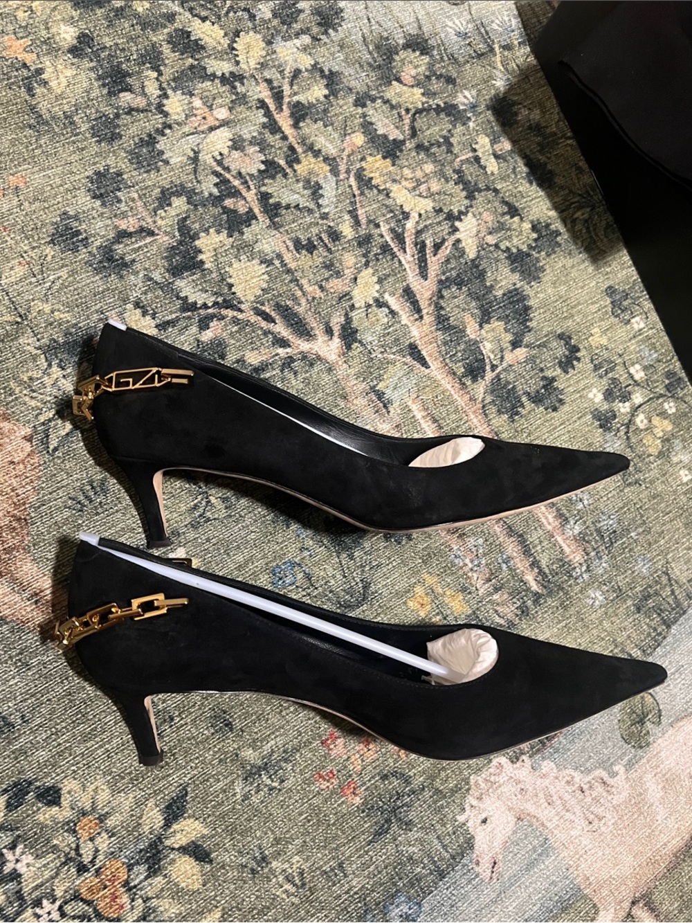 Giuseppe Zanotti Black Suede Pointed-Toe Kitten Heels with Gold Chain